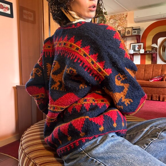 70s 80s 100% pure wool knitted red and blue cardigan - Toshy Made In Bolivia! - Picture 3 of 15